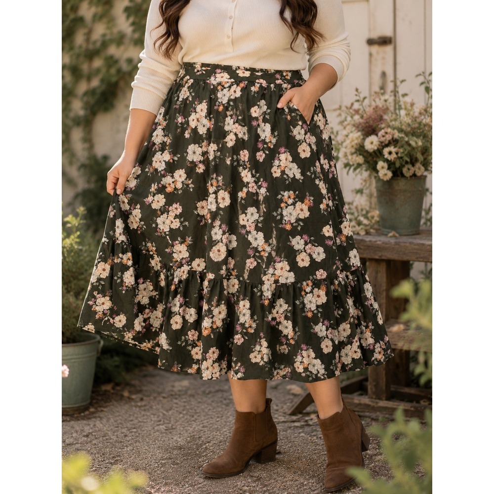 Torrid Floral‎ Midi Skirt Womens Plus 4 Olive Green Tiered Ruffle Elastic Waist